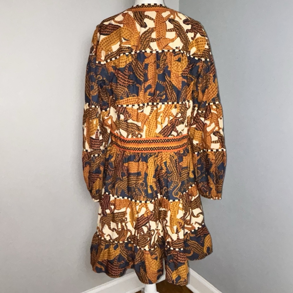 Farm Rio By Anthropology V-Neck Dress Geometric Jaguar Print Tiered Sz X-Large - Picture 2 of 16